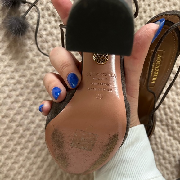 Grey Suede Aquazzura Pom Pom Block Heel Size 35 or 5 - Picture 6 of 10